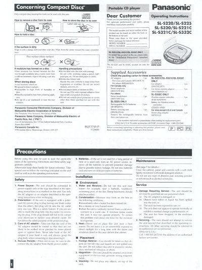 Panasonic SL-S220/SL-S225/SL-S320/SL-S221C/SL-S321C/SL-S332C Portable CD Player Operating Instructions - cover page