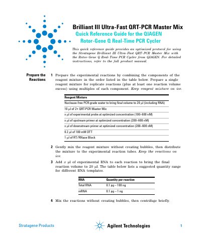 Stratagene Brilliant III Ultra-Fast QRT-PCR Master Mix Quick Reference Guide - cover page