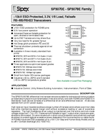 Sipex SP3070E‑SP3078E Family Failsafe RS‑485/RS422 Transceivers Handbook - cover page