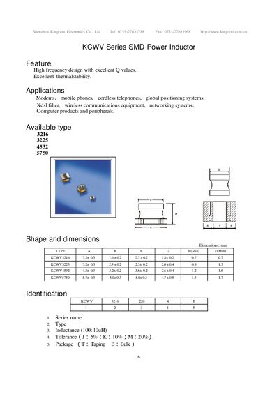 Kingcera KCWV Series SMD Power Inductor Datasheet