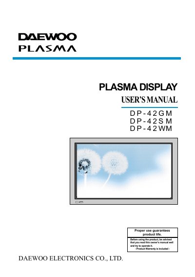 DAEWOO DP-42GM DP-42SM DP-42WM PLASMA DISPLAY user manual - cover page