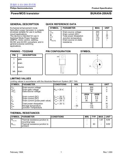 Philips Semiconductors BUK454-200A/B PowerMOS Transistor Datasheet - cover page