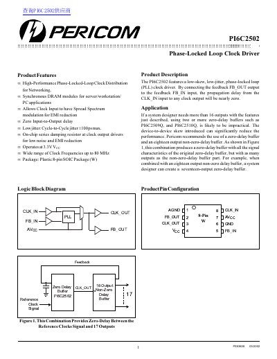 Pericom PI6C2502 Phase-Locked Loop Clock Driver Datasheet - cover page