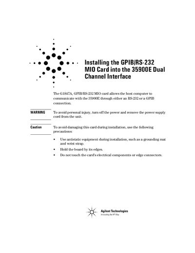 Installing the GPIB/RS-232 MIO Card into the Agilent Technologies 35900E Dual Channel Interface - cover page