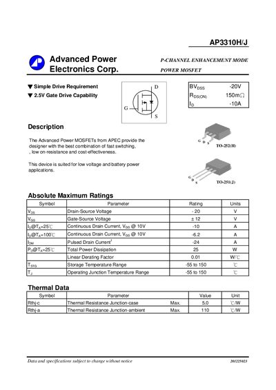 Advanced Power AP3310H/J P-Channel MOSFET Datasheet - cover page