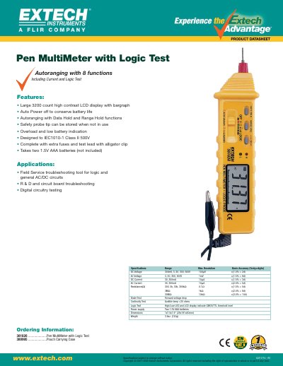 EXTECH 381626 Pen MultiMeter with Logic Test Datasheet - cover page