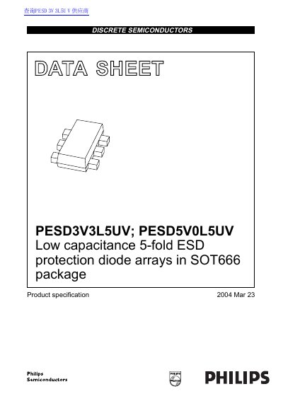 PHILIPS PESD3V3L5UV; PESD5V0L5UV Low capacitance 5-fold ESD protection diode arrays in SOT666 package handbook - cover page
