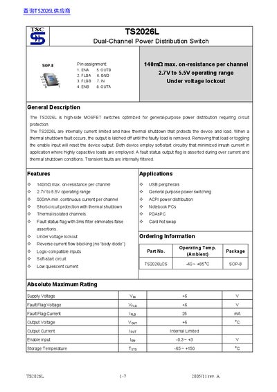 TS TS2026L Dual-Channel Power Distribution Switch Datasheet - cover page