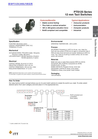 ITT PTS125 Series 12 mm Tact Switches - cover page