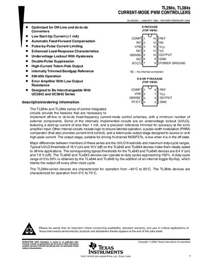 Texas Instruments TL284x TL384x Current-Mode PWM Controllers Datasheet - cover page