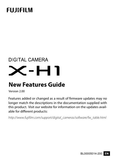 Fujifilm X-H1 Firmware Version 2.00 New Features Guide - cover page