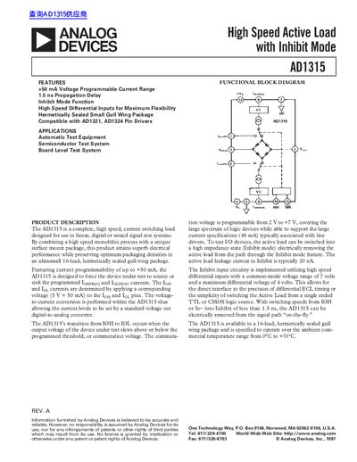 ANALOG DEVICES AD1315 High Speed Active Load with Inhibit Mode handbook - cover page