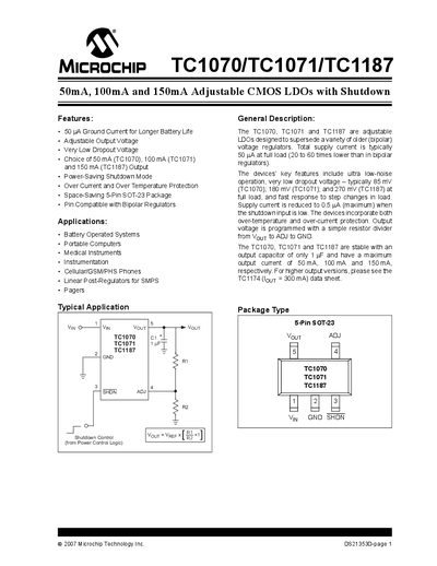 Microchip TC1070/TC1071/TC1187 Adjustable LDO Datasheet - cover page