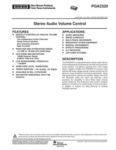 Texas Instruments PGA2320 Stereo Audio Volume Control Datasheet - cover page