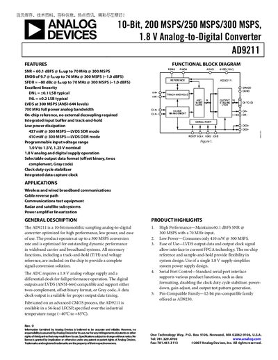 ANALOG DEVICES 10-Bit 200 MSPS/250 MSPS/300 MSPS 1.8 V Analog-to-Digital Converter AD9211 handbook(1)(1) - cover page