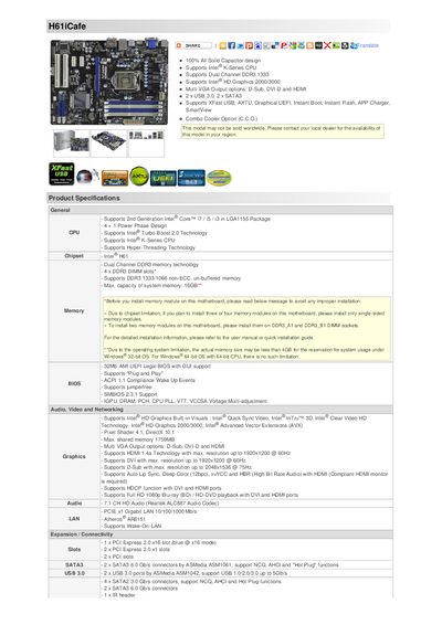 ASRock H61iCafe Product Specification Sheet - cover page