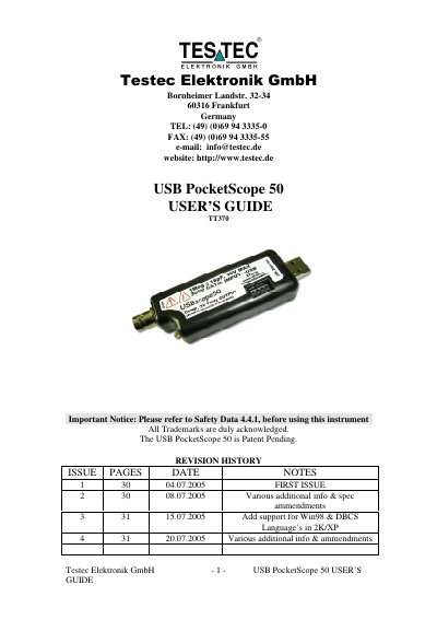 Testec USB PocketScope 50 User's Guide - cover page