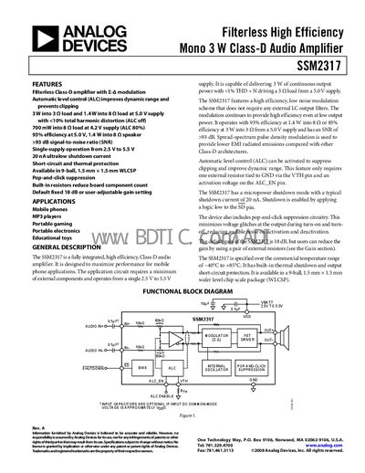 Analog Devices SSM2317 Class‑D Audio Amplifier Datasheet - cover page