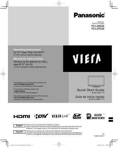 Panasonic TC-L32C22/TC-L37C22 720p LCD HDTV Quick Start Guide - cover page