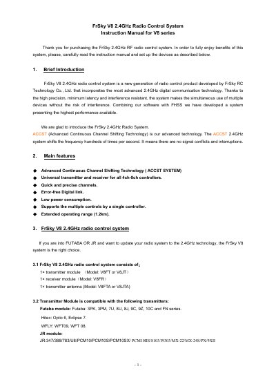 FrSky V8 2.4GHz Radio Control System Instruction Manual - cover page