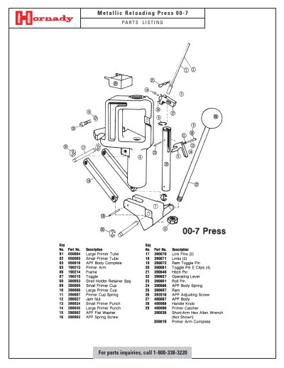 Hornady Metallic Reloading Press 00-7 Parts Listing - cover page