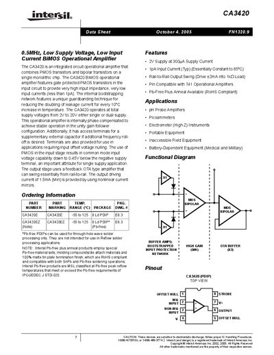 Intersil CA3420 Operational Amplifier Datasheet - cover page