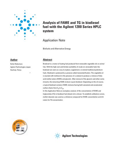 Agilent 1200 Series HPLC System Application Note: Analysis of FAME and TG in Biodiesel - cover page