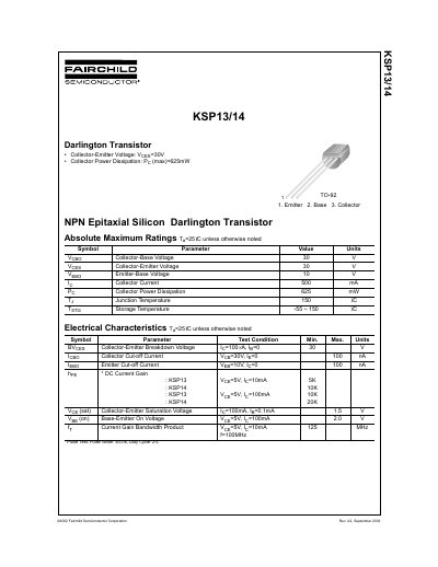 Fairchild Semiconductor KSP13/14 NPN Darlington Transistor Datasheet - cover page