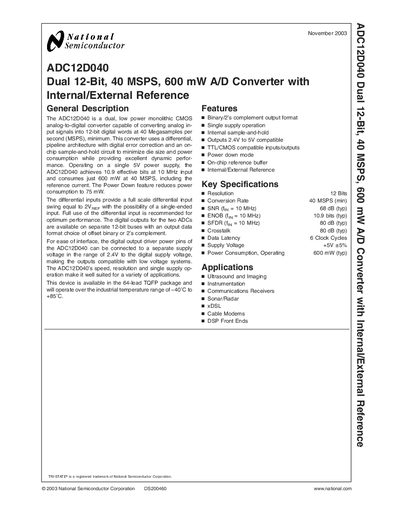 National Semiconductor ADC12D040 Datasheet - cover page