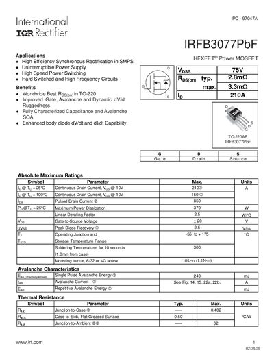 International Rectifier IRFB3077PbF Datasheet - cover page