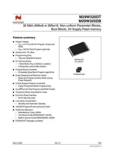 Numonyx M29W320DT M29W320DB Datasheet - cover page