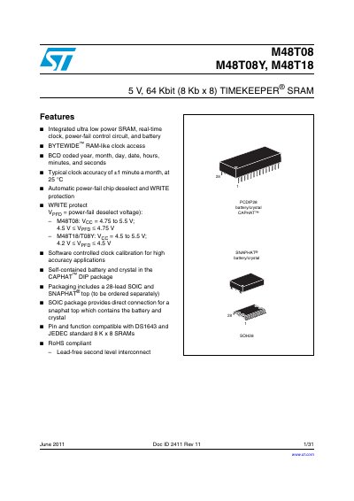 ST M48T08 M48T08Y M48T18 5 V 64 Kbit (8 Kb x 8) TIMEKEEPER SRAM handbook