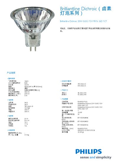 Philips Brilliantline Dichroic 20W GU5.3 MR16 36D 1CT Product Data Sheet - cover page