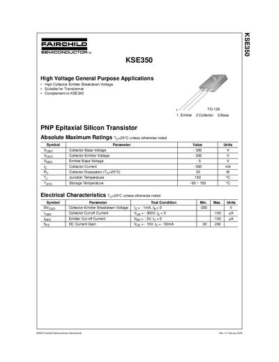 Fairchild KSE350 PNP Transistor Datasheet - cover page