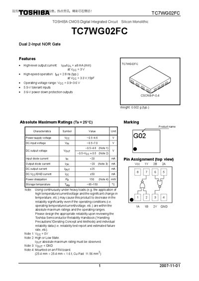 Toshiba TC7WG02FC Dual 2-Input NOR Gate Datasheet - cover page