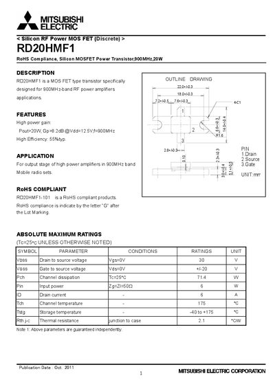 Mitsubishi Electric RD20HMF1 MOSFET Power Transistor Datasheet - cover page