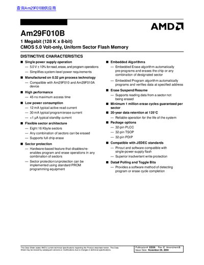 AMD Am29F010B 1 Megabit (128 K x 8-bit) CMOS 5.0 Volt-only Uniform Sector Flash Memory handbook
