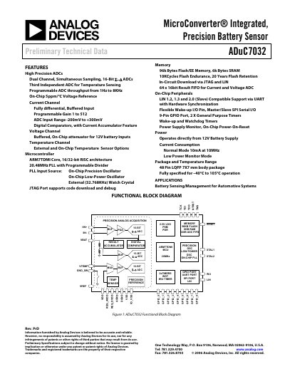 ANALOG DEVICES ADuC7032: MicroConverter Integrated Precision Battery Sensor Data Sheet (Rev PrD 2006-10-01-)