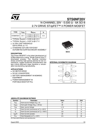 STMicroelectronics STS6NF20V Datasheet - cover page
