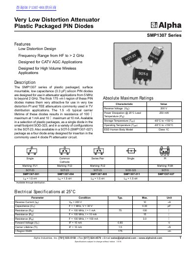Alpha SMP1307 Series PIN Diode Datasheet - cover page
