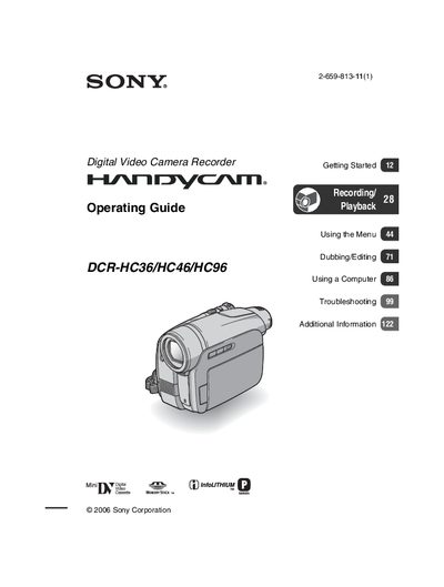 Sony DCR-HC36/HC46/HC96 Camcorder Operating Guide