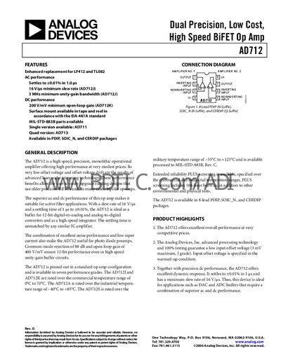 Analog Devices AD712 Operational Amplifier Datasheet - cover page