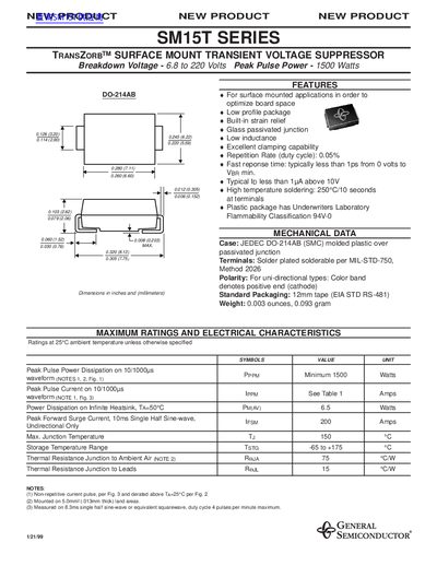 General Semiconductor SM15T Series Transient Voltage Suppressor Datasheet - cover page