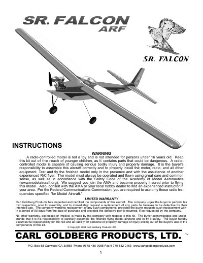 Carl Goldberg Products Sr. Falcon Mark II ARF Assembly and Operation Manual - cover page