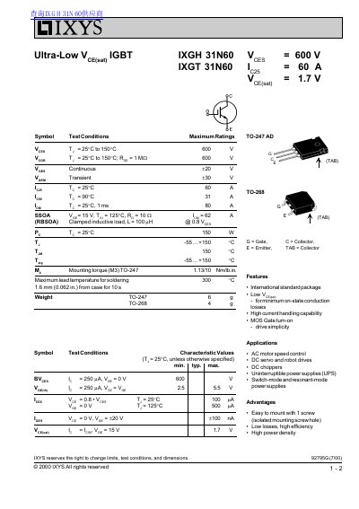 IXYS IXGH31N60/IXGT31N60 IGBT Module Datasheet - cover page
