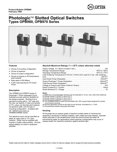 Photologic OPB960/OPB970 Series Optical Switches Datasheet - cover page