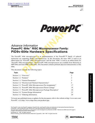 Motorola MPC604E9VEC/D PowerPC 604e RISC Microprocessor Hardware Specifications - cover page