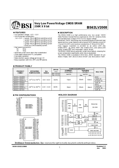 Brilliance Semiconductor BS62LV2008 SRAM Datasheet - cover page