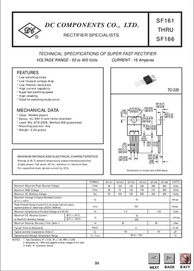 DC Components SF161 THRU SF166 Super Fast Rectifier Datasheet - cover page