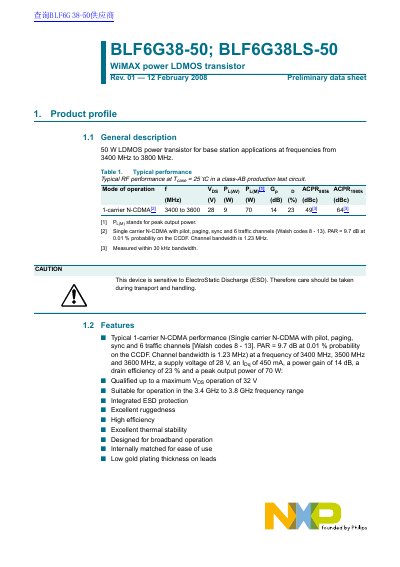 NXP BLF6G38-50/BLF6G38LS-50 WiMAX Power LDMOS Transistor Preliminary Data Sheet - cover page